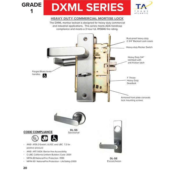 Right Handed Heavy Duty Classroom Mortise Lock With Escutcheon In Satin Chrome